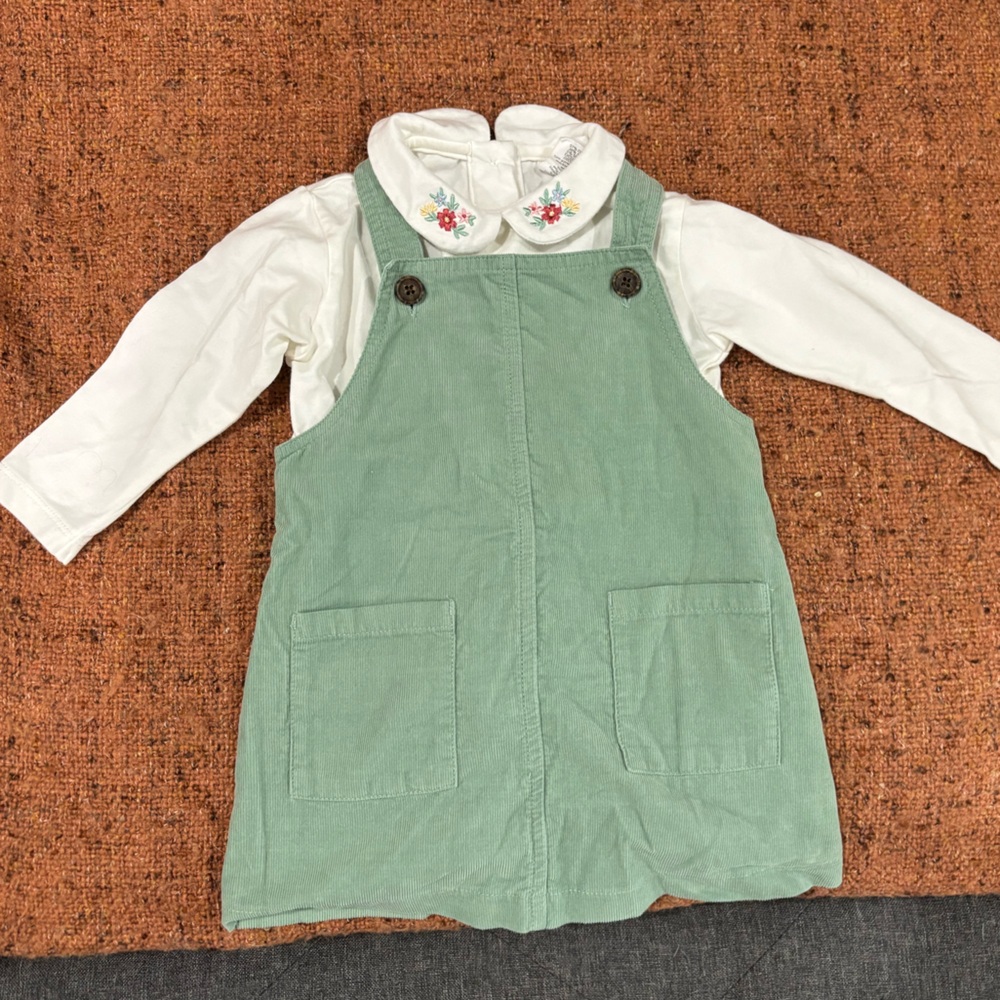 Starting Out: 12month Green Corduroy Dress w/ White Shirt w/embroidered flowers